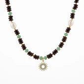 Hindistan Cevizi Kabuğu-Yeşil Aventurin-İnci Doğal Taş Gümüş Tasarım Kolye - 54cm - 5