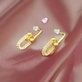 Taşlı Zincir Detaylı Gold Renk Bijuteri Küpe - 1