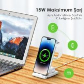 Coofbe Çift Bobinli 15W Super Şarj 3in1 Masaüstü Telefon Şarjı Kulaklık Saat Şarjı İphone Şarj Stand - 5