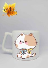Kahve İçen Kedi Baskılı Lüks Seramik Kupa Bardak Hediye Çay-kahve Bardağı - 1