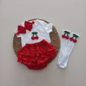 MARS BABY Kız Bebek Kırmızı Kiraz Fırfır Şort Etek Bodyli Çorap Takımı - 1