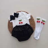 MARS BABY Kız Bebek Siyah Ponpon Kiraz Fırfır Şort Etek Bodyli Çorap Takımı - 1