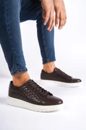 BA0311 İçi Dışı Hakiki Deri Kapitone Desenli Bağcıklı Kahverengi Klasik Erkek Ayakkabısı thumbnail 1