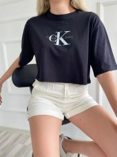 Kadın Oversize Crop Tişört Siyah - 1