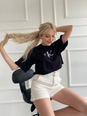 Kadın Oversize Crop Tişört Siyah - 8
