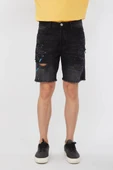 Erkek Paçası Kesik Boyalı Jean Şort Siyah - 1