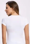 Likralı Yuvarlak Yaka Kadın T-shirt  5 Adet Beyaz - 2