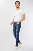 Erkek Skinny Ripped Patch Detaylı Jean Koyu Mavi - 5