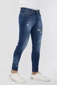 Erkek Skinny Ripped Patch Detaylı Jean Koyu Mavi - 3