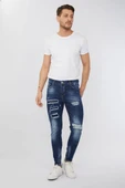 Erkek Skinny Fit  Destroy Koyu Mavi thumbnail 2