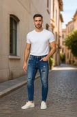 Erkek Skinny Ripped Patch Detaylı Jean Koyu Mavi - 1