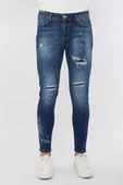 Erkek Skinny Ripped Patch Detaylı Jean Koyu Mavi - 1