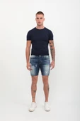 Erkek Baskı Desenli Jean Şort Koyu Mavi - 2