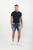 Erkek Baskı Desenli Jean Şort Koyu Mavi - 3