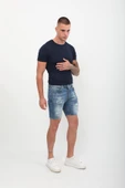 Erkek Boyalı Jean Kısa Şort Mavi - 2