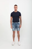 Erkek Boyalı Jean Kısa Şort Mavi - 2