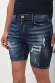 Erkek Yama Detaylı Jean Şort Koyu Mavi - 6