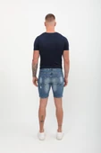 Erkek Boyalı Jean Kısa Şort Mavi - 5