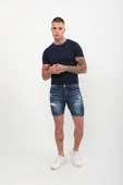 Erkek Yama Detaylı Jean Şort Koyu Mavi - 2