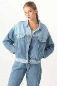 Kadın Renk Bloklu Oversize Jean Ceket Mavi - 3