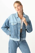 Kadın Renk Bloklu Oversize Jean Ceket Mavi - 4