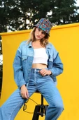 Kadın Renk Bloklu Oversize Jean Ceket Mavi - 2