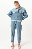 Kadın Renk Bloklu Oversize Jean Ceket Mavi - 5