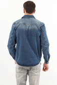 Erkek Cep Yıkamalı Jean Gömlek Koyu Mavi - 5