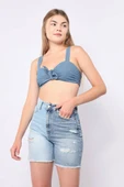 Kadın Mavi Yırtık Detaylı Jean Şort - 1