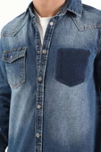 Erkek Cep Yıkamalı Jean Gömlek Koyu Mavi - 6
