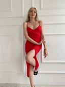 Kadın Askılı Yırtmaçlı Elbise Kırmızı thumbnail 7