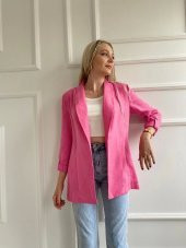 Kadın Katlanabilir Kol Detaylı Keten Ceket Pembe - 1