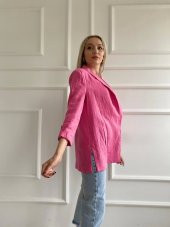 Kadın Katlanabilir Kol Detaylı Keten Ceket Pembe - 3