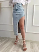 Kadın Taşlı Yırtmaç Detaylı Kot Etek Mavi thumbnail 3