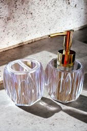 Akrilik Gold Sıvı Sabunluk Diş Fırçalık Banyo Seti | 2'li Diş Fırça Sabun Banyo Düzenleyici Set - 4