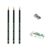 Faber-Castell Yayınları 9000 Yeşil Seri Dereceli Eskiz Çizim Kalemi Seti No: 4b-4h-hb + Kalemtraş + Silgi - 1