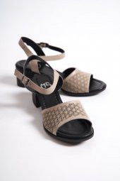 Lita Hakiki Deri Ten Rengi Kalın Topuklu Günlük Sandalet - 4