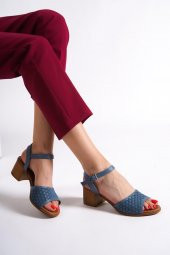 Lita Hakiki Deri Mavi Kalın Topuklu Günlük Sandalet - 1