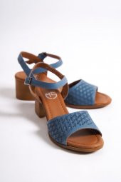 Lita Hakiki Deri Mavi Kalın Topuklu Günlük Sandalet - 4