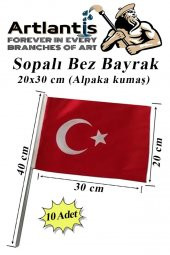 Sopalı Bez Bayrak 20x30 Cm 10 Adet Saplı Bayrak Ay Yıldız Plastik Çıtalı 20*30 Bez Bayrak Mill Bayram Kutlama - 1