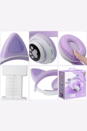 Fuchsia Kedi Kulaklık LED Işıklı Bluetooth Katlanabilir Eğlenceli Mikrofonlu Kulaklık thumbnail 9