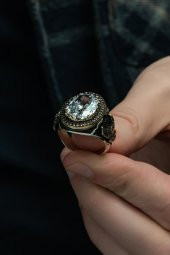 Kartal Motifli Zirkon Beyaz Taşlı 925 Gümüş Erkek Yüzük thumbnail 5