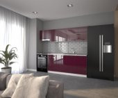 Visas Concept 240 Cm Sümbül Hazır Mutfak Dolabı Parlak Hıgh-Gloss Aspiratör Modüllü Mürdüm (Tezgah Dahil) - 1