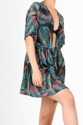 Pareo Plaj Elbisesi Kimono Std Leaf Siyah - 1