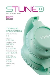 Powerway Stune Kulaküstü Turkuaz Bluetooth Kulaklık Hafıza Kartı 6D Sound 18 Saat Kullanım Süresi - 3