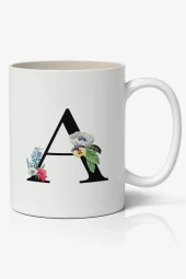 A Harfi Baskılı Çiçek Desenli Dekoratif - Baş Harf Baskılı Kupa Bardak - A Harfli Kahve Bardağı - 1