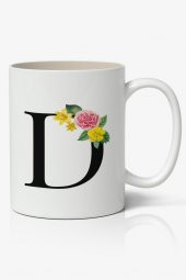 D Harfi Baskılı Çiçek Desenli Dekoratif - Baş Harf Baskılı Kupa Bardak - D Harfli Kahve Bardağı - 1