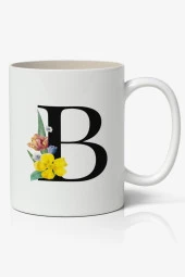 B Harfi Baskılı Çiçek Desenli Dekoratif - Baş Harf Baskılı Kupa Bardak - B Harfli Kahve Bardağı - 1