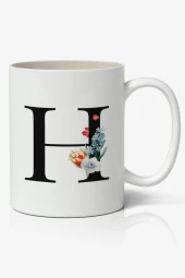 H Harfi Baskılı Çiçek Desenli Dekoratif - Baş Harf Baskılı Kupa Bardak - H Harfli Kahve Bardağı - 1