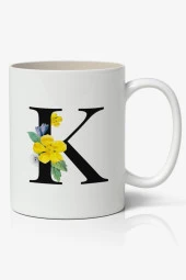 K Harfi Baskılı Çiçek Desenli Dekoratif - Baş Harf Baskılı Kupa Bardak - K Harfli Kahve Bardağı - 1